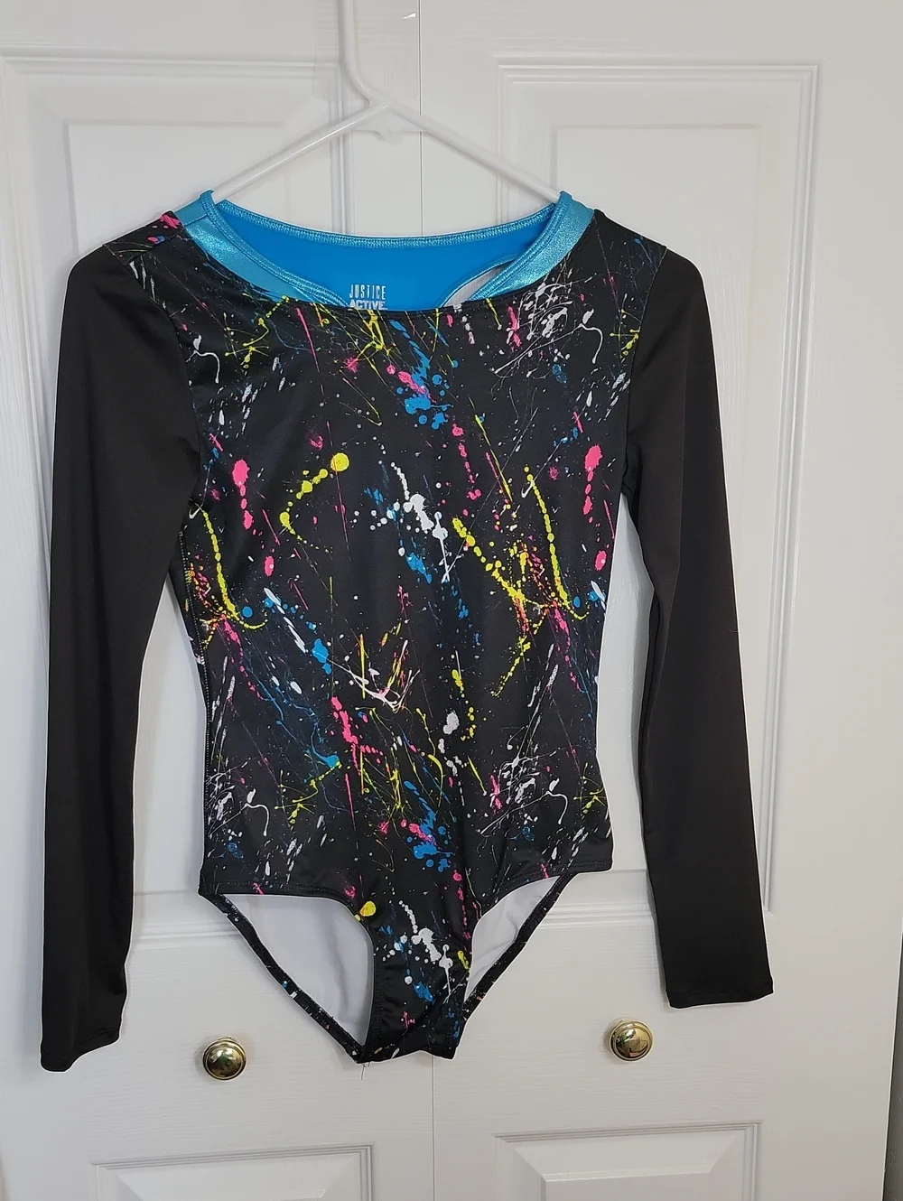 Justice Girls Leotard Black Neon Paint-Splatter Long Sleeve One-Piece Size 14